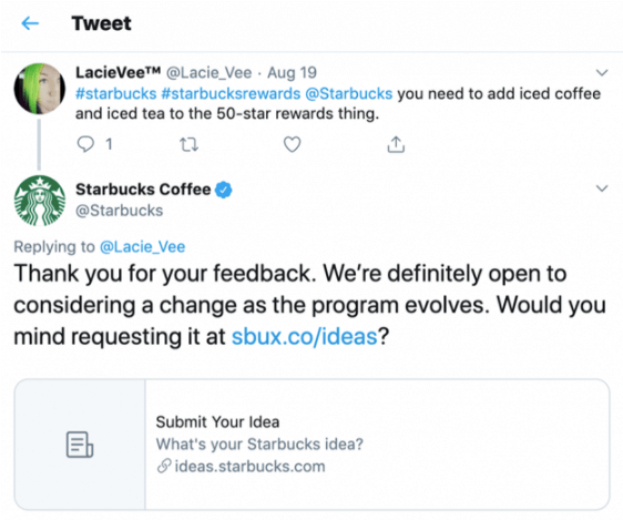 Starbuck's social media strategy encourages feedback by redirecting users dedicated website